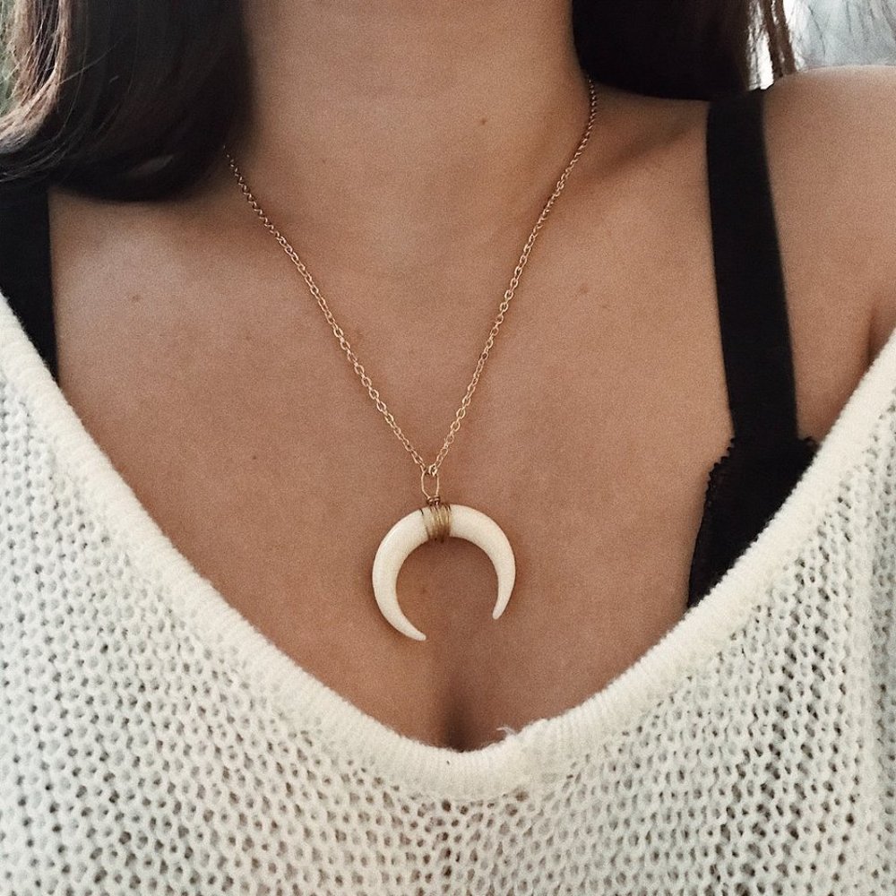 White Horns Boho Gold Chain Necklace Metal - Picture 2 of 8